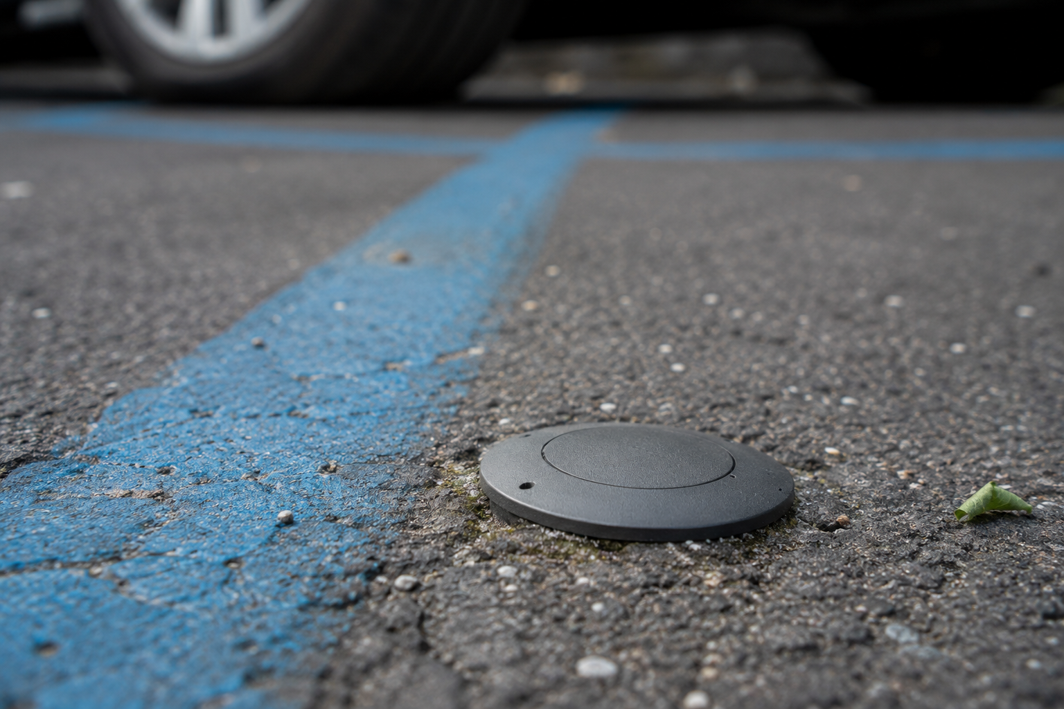 Sensore circolare nero a filo dell'asfalto in uno stallo a strisce blu, con la ruota di un'auto sullo sfondo