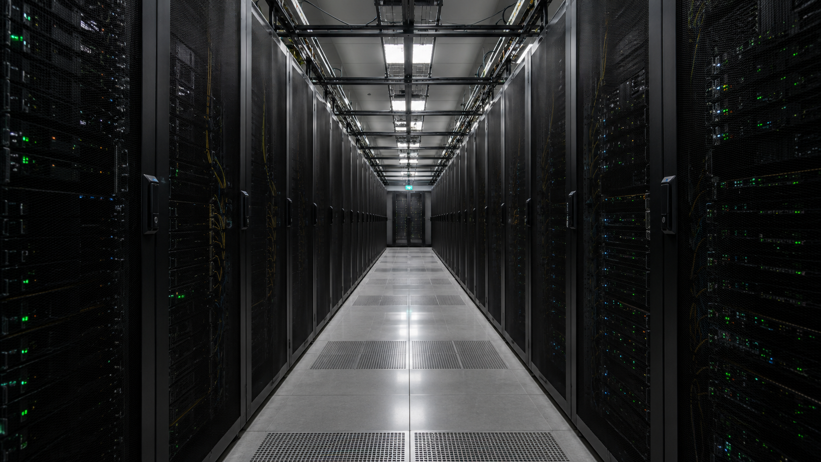 Interno di un data center con file di armadi server illuminati