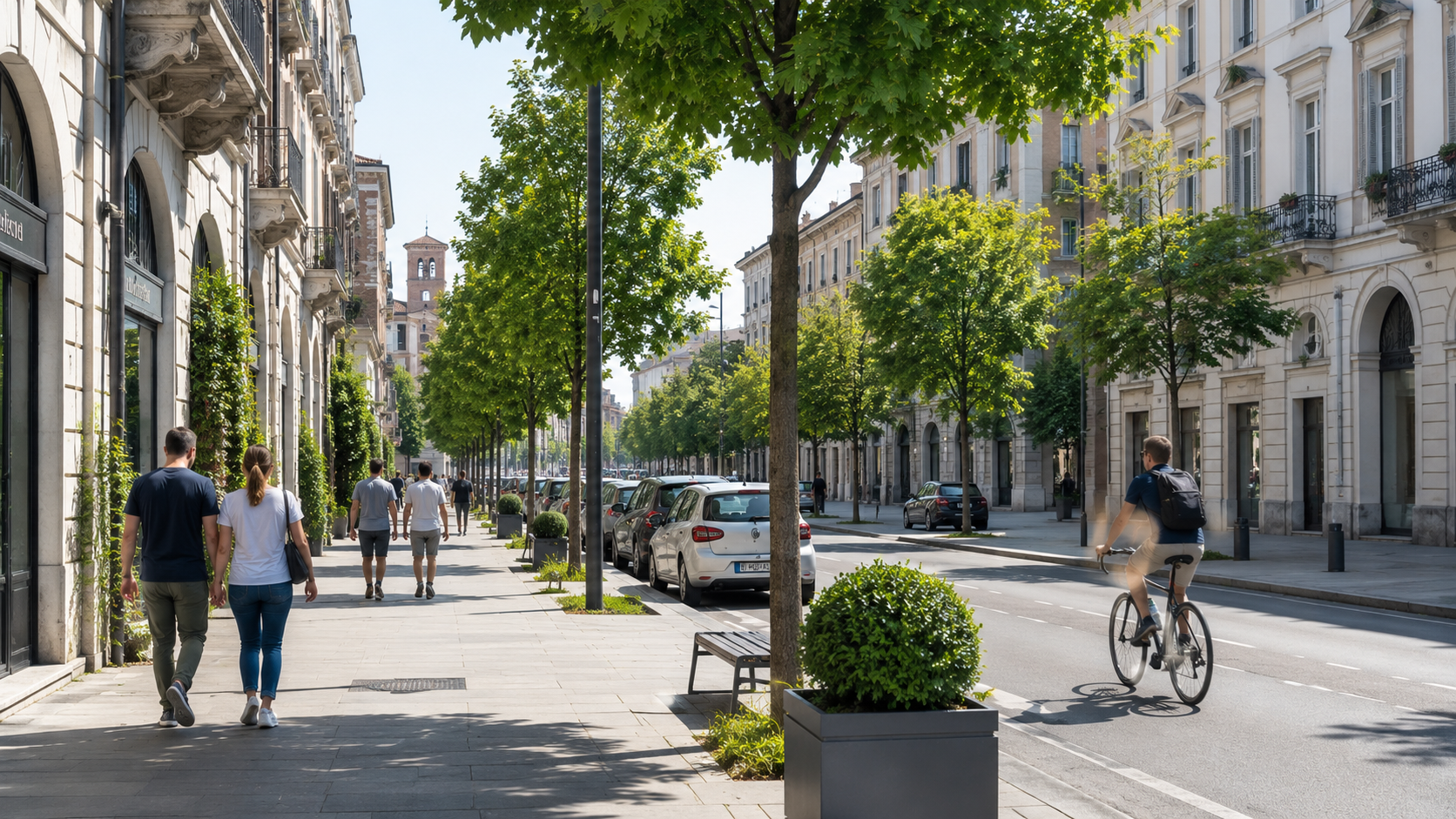 Via cittadina vivibile con pedoni e ciclista